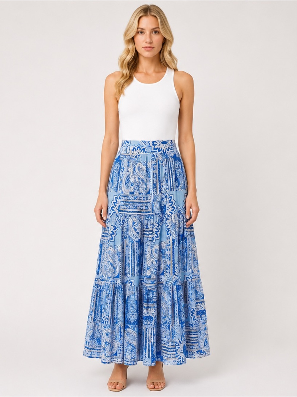 Sheike Australia Blue Mosaic Print Maxi Boho Skirt Pockets Size AU 12 or US 8